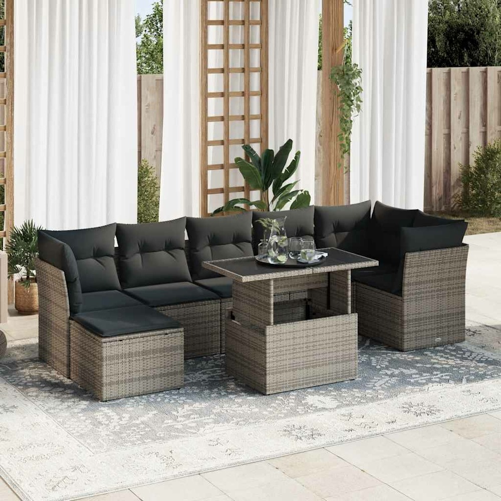 Salon de jardin 8 pcs avec coussins gris résine tressée