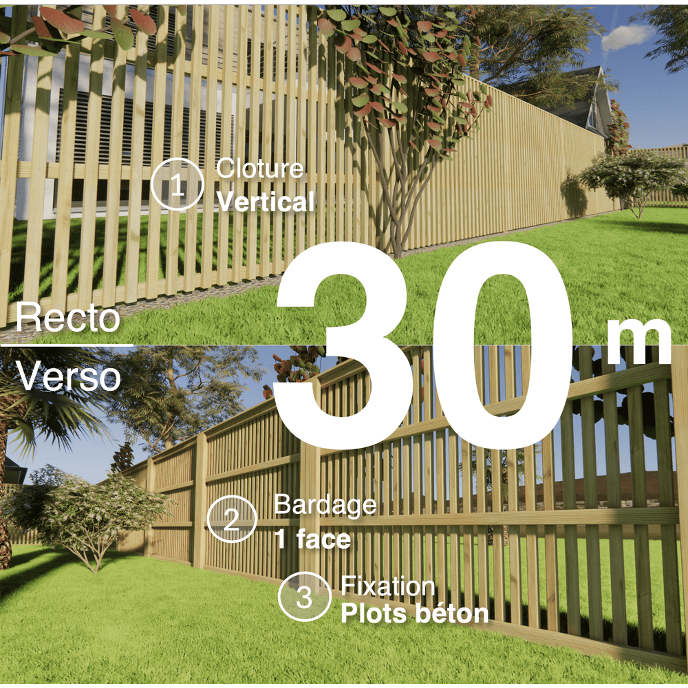 Kit clôture bois moderne 30m – h 1,9m – 45 x 45 mm autoclave – pose vertical – simple face – à sceller