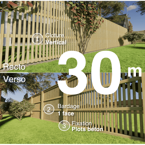 Kit clôture bois moderne 30m – h 1,9m – 45 x 45 mm autoclave – pose vertical – simple face – à sceller