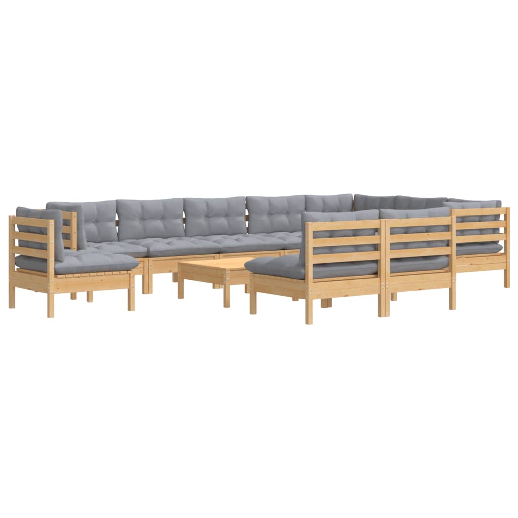 Salon de jardin meuble d'extérieur ensemble de mobilier 11 pièces avec coussins gris bois de pin solide