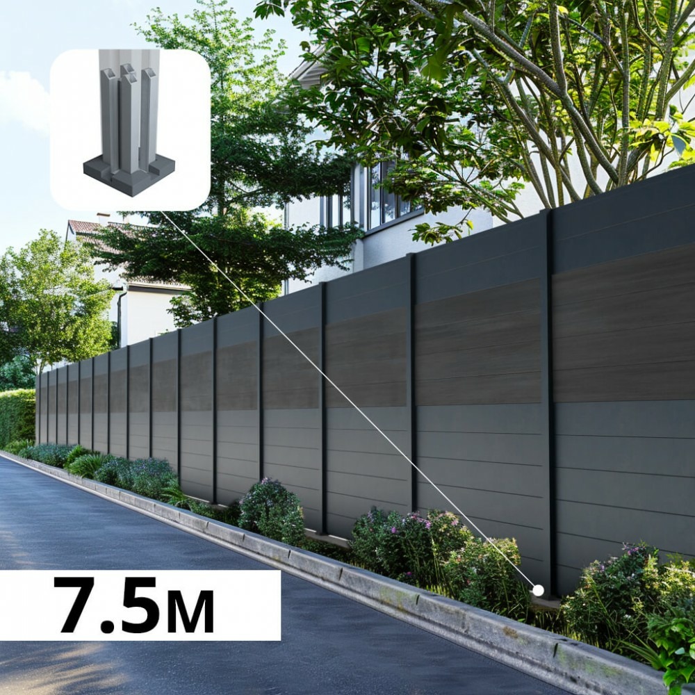 Kit clôture aluminium bahia & cruz ardoise 7,38x1,8m - aluminium et bois composite - poteaux sur platines gris - occultation