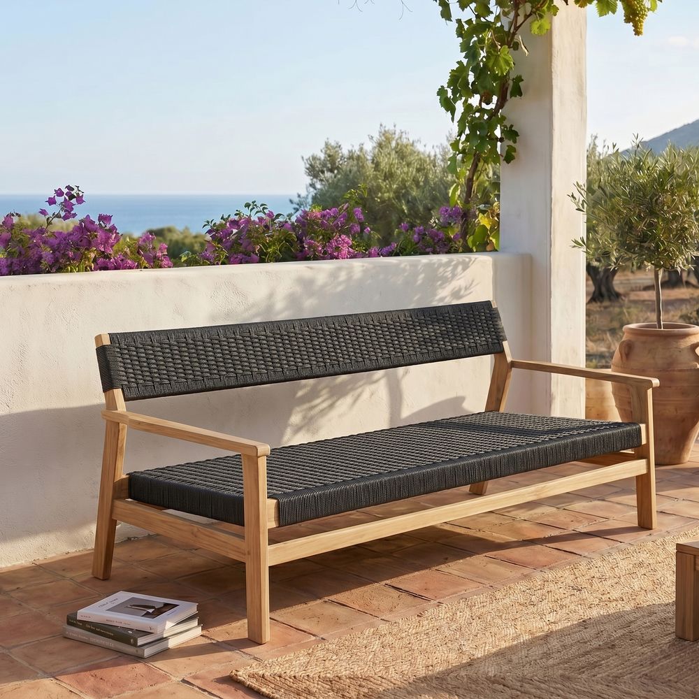 Banc de jardin en bois teck 2 places avec cordage noir manille