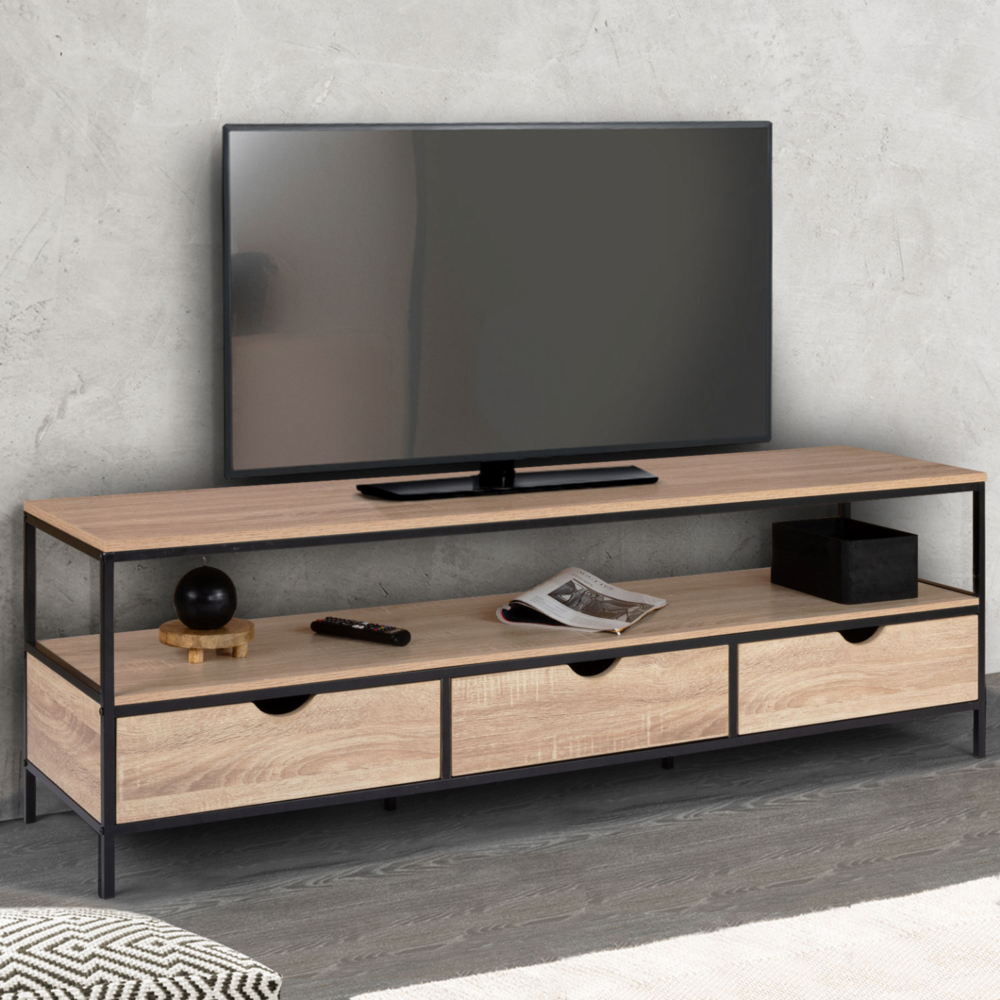 Meuble tv 160 cm detroit 3 tiroirs design industriel