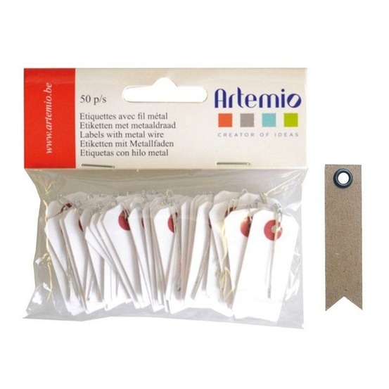 Mini étiquettes blanches 2 x 4 cm avec fil métal + 20 étiquettes kraft fanion