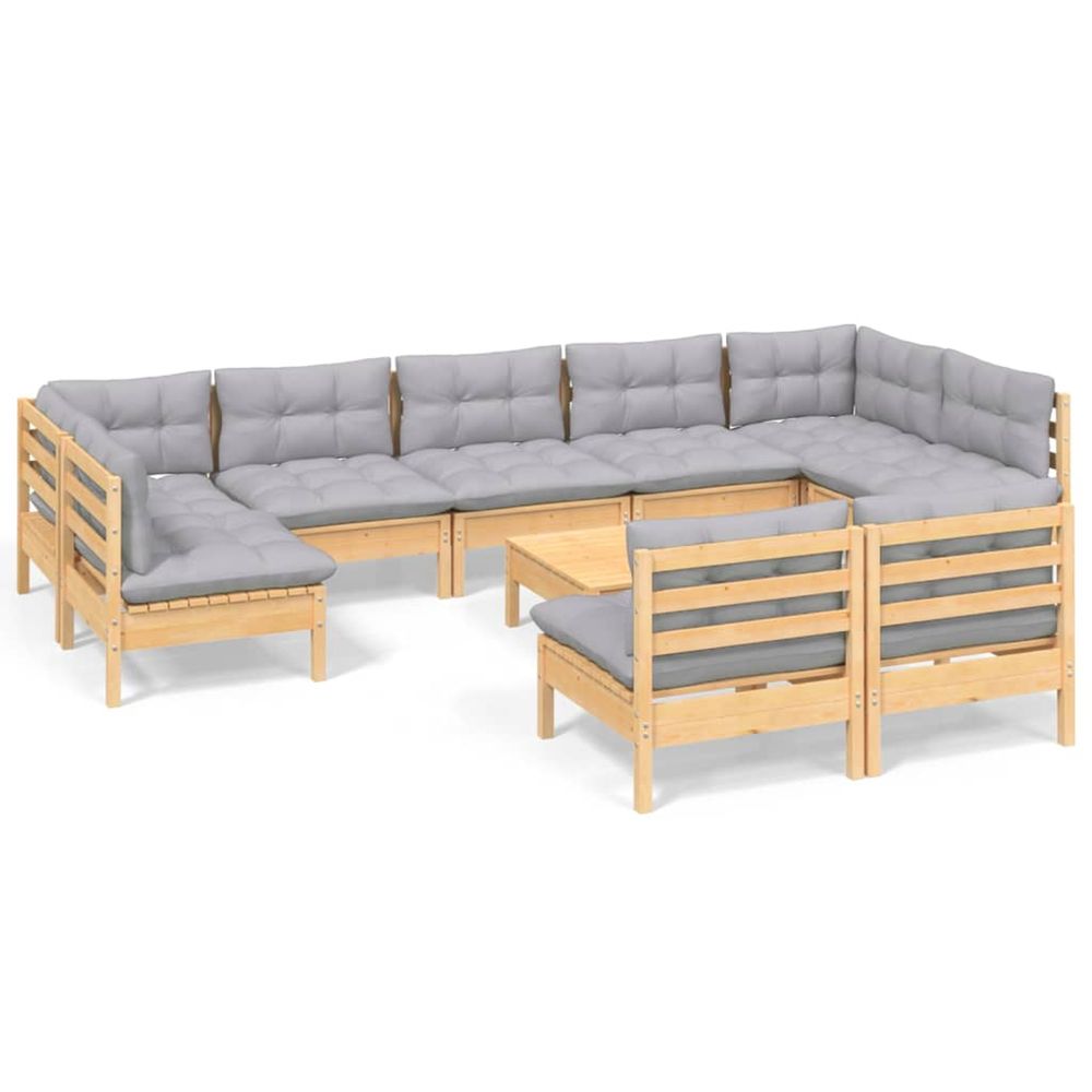 Salon de jardin 10 pcs avec coussins gris bois de pin massif