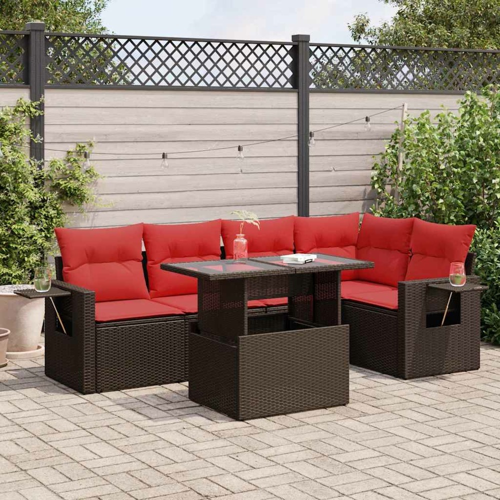 Salon de jardin avec coussins 6pcs marron résine tressée acacia