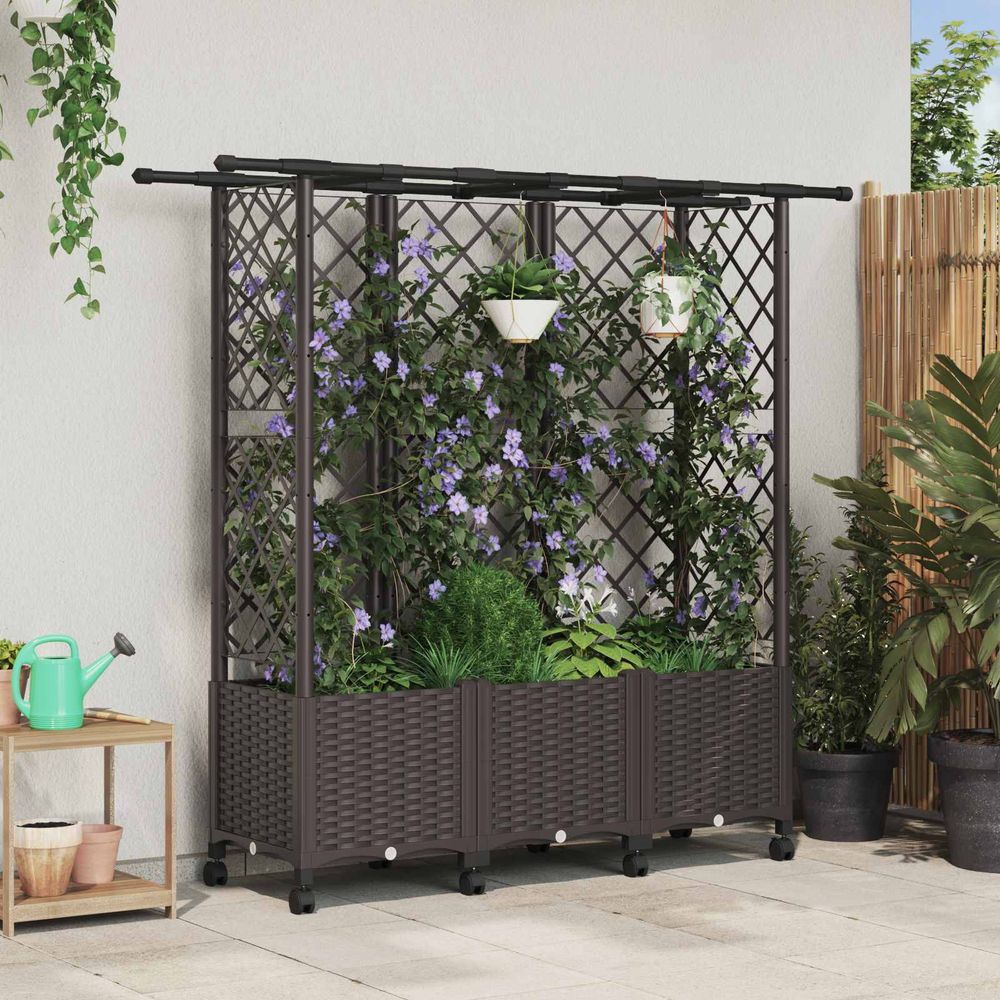 Potager sur pied en polypropylène pour extérieur avec treillis et toit 163cm marron