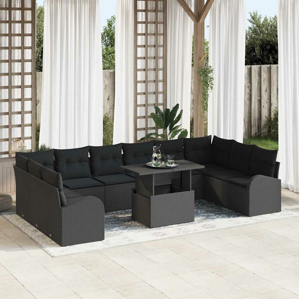 Ensemble de canapé de jardin 11 pcs noir poly rotin