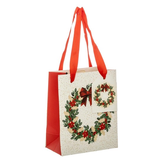 Sac cadeau imprimé couronne de noël dream taille mini rouge et blanc
