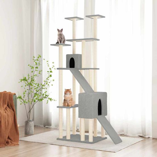 Grand arbre à chat xxl en sisal avec 2 niches et plateformes pour grands chats gris clair 190 cm