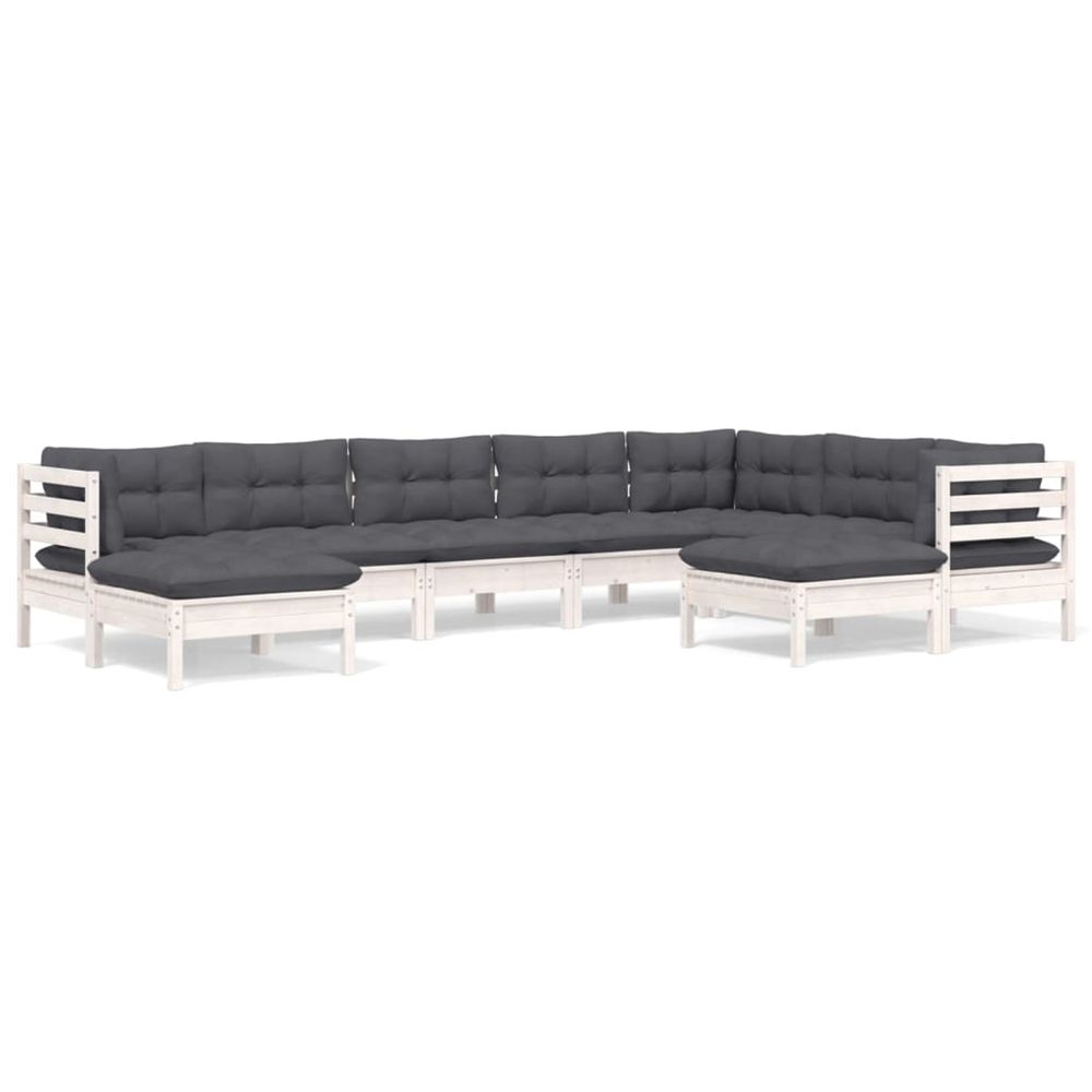 Salon de jardin 9 pcs avec coussins blanc bois de pin massif