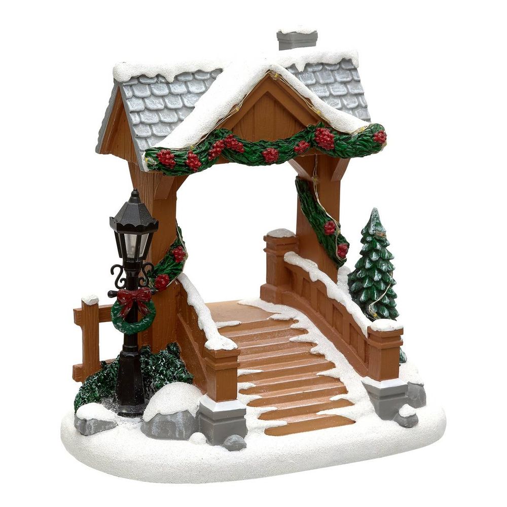 Pont enneigé lumineux de village de noël 14 led à piles