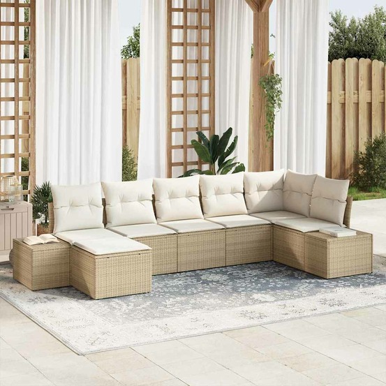 Ensemble de canapé de jardin avec coussin 7 pcs beige polyrotin