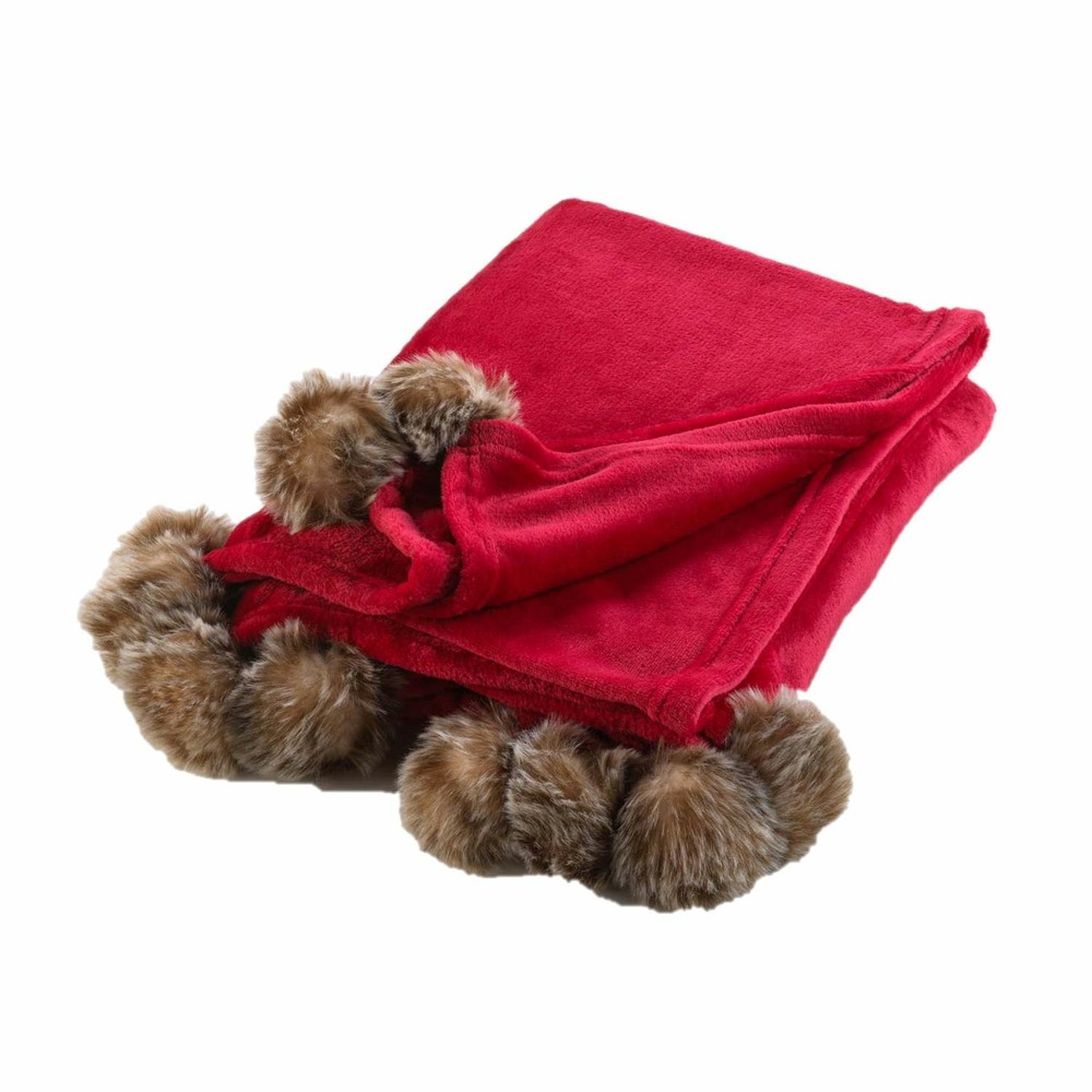 Plaid à pompons doux - 150 x 125 cm - rouge