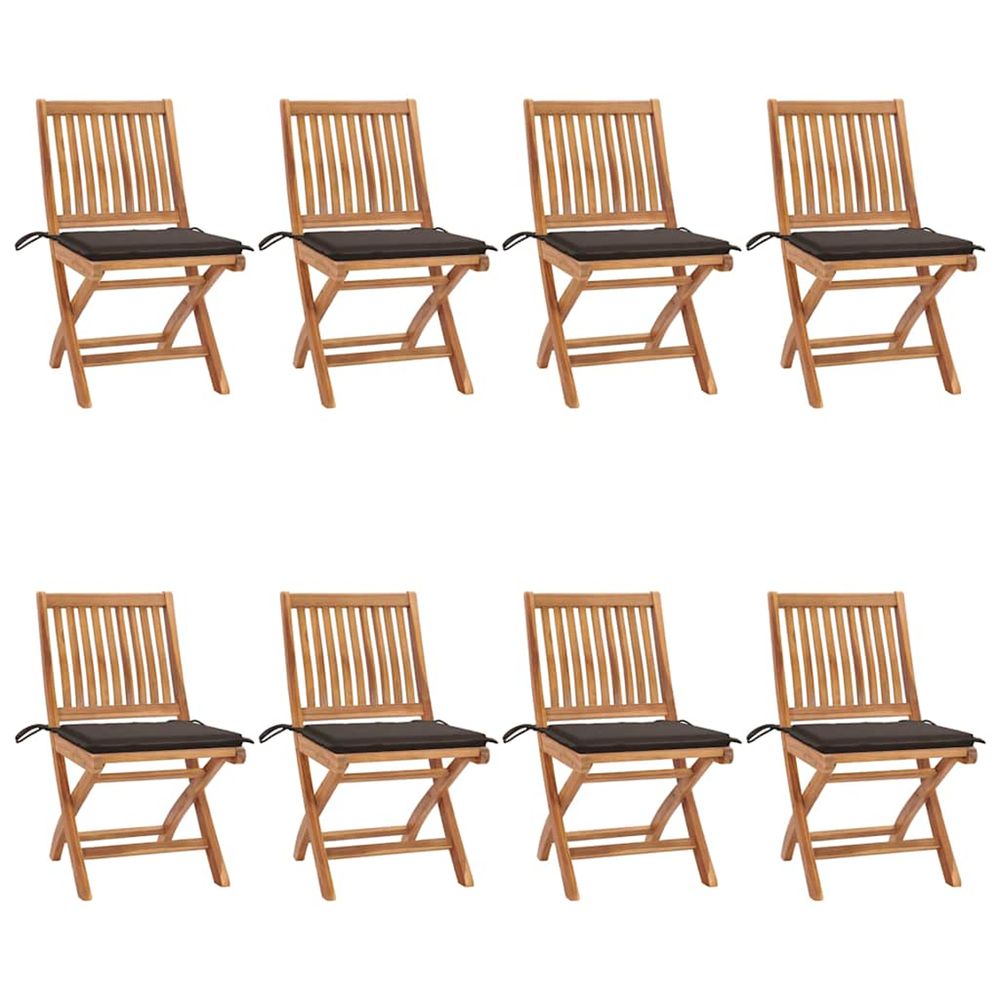 Chaises pliantes avec coussins, 8 pièces, en teck massif