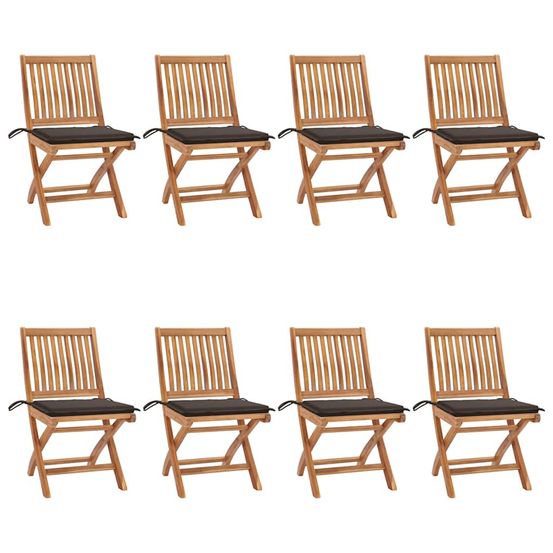 Chaises pliantes avec coussins, 8 pièces, en teck massif