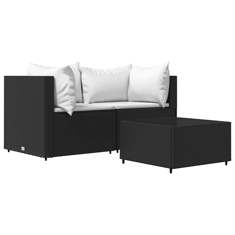 Salon de jardin 3 pcs avec coussins noir résine tressée