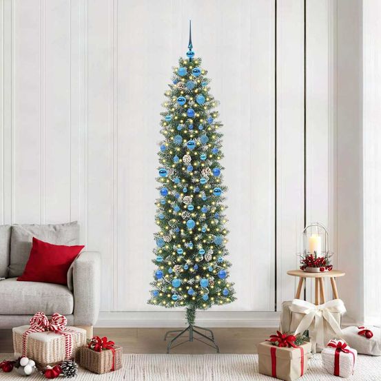 Sapin de noël 210 cm slim enneigé, 300 led intégrées et décorations fournies