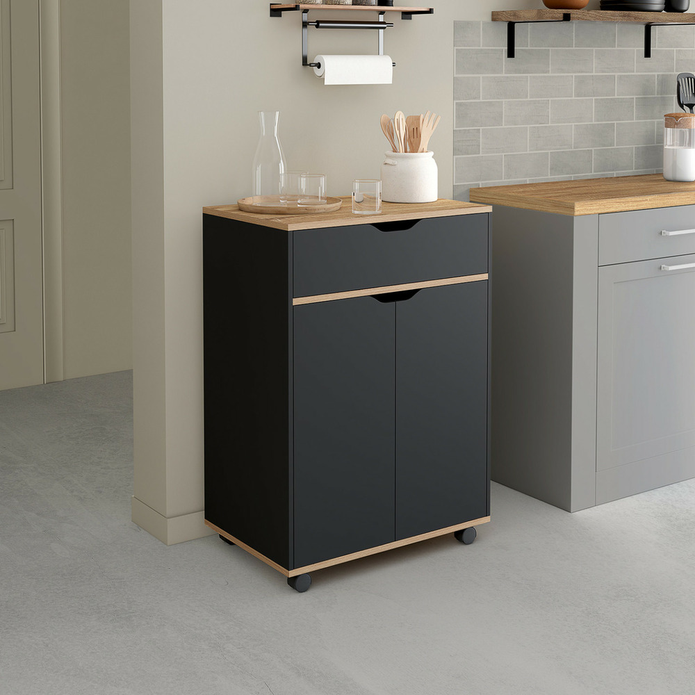 Desserte de cuisine cosy placard avec tiroir bois noir et plateaux façon hêtre l.60 cm