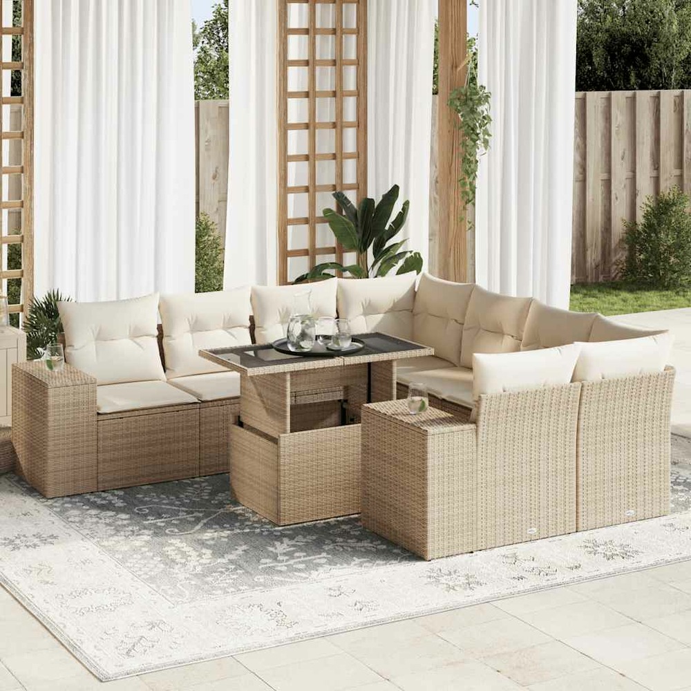 Salon de jardin avec coussins 9 pcs beige résine tressée