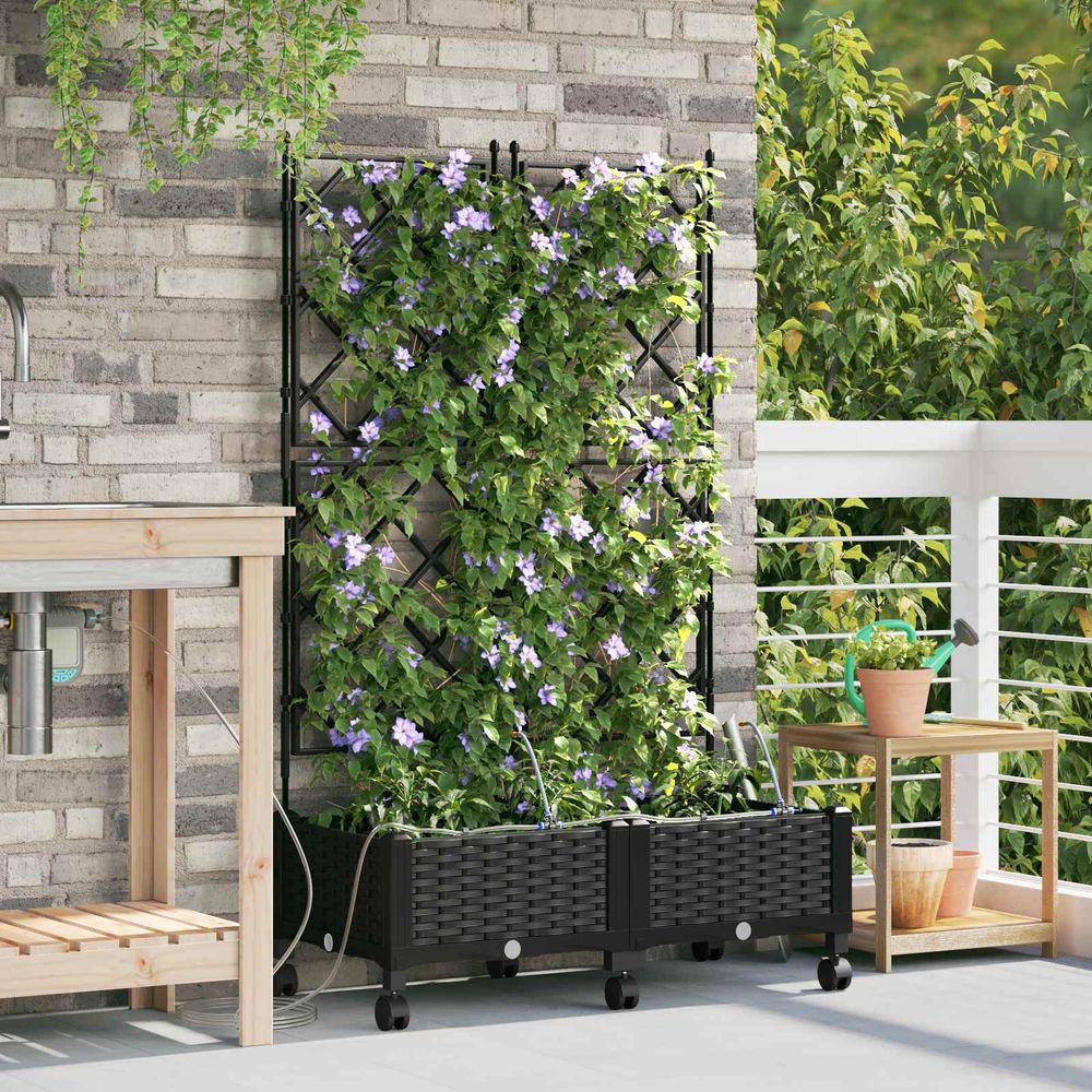 Bac potager en polypropylène pour extérieur avec treillis irrigation roulettes 80cm noir