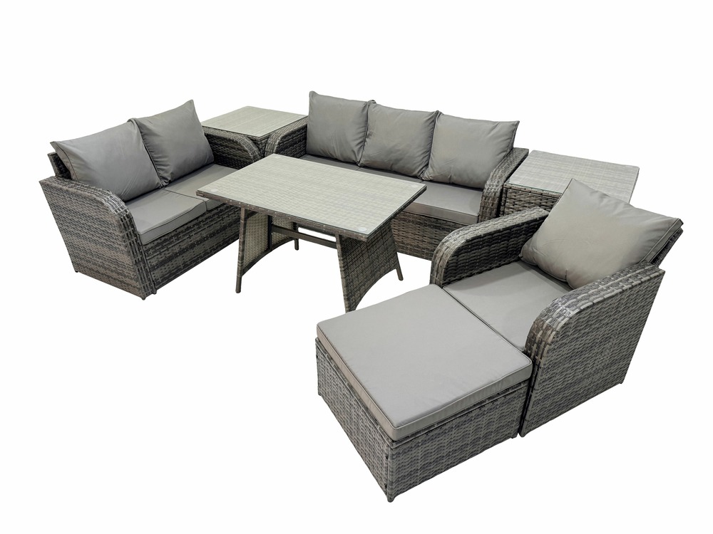 7 places salon de jardin exterieur ensemble de canapés en rotin avec table à manger 2 tables d'appoint grand tabouret