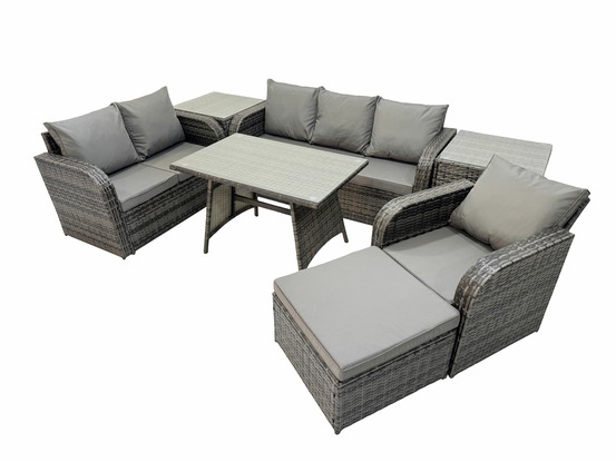 7 places salon de jardin exterieur ensemble de canapés en rotin avec table à manger 2 tables d'appoint grand tabouret