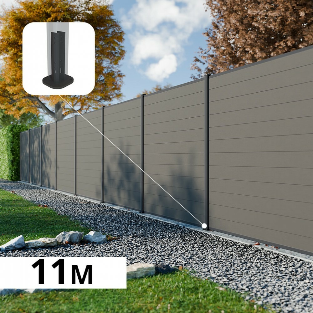 Kit clôture composite rio platines 11x1,8m - bois composite & aluminium - poteaux sur platines gris - brise vue - palissade