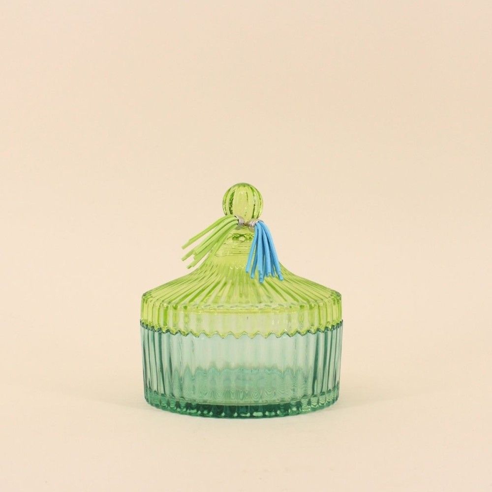 Boîte avec couvercle en verre coloré strié 14x15cm