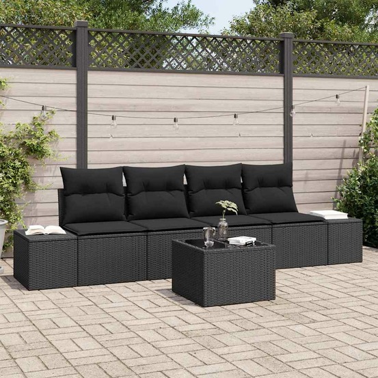 Ensemble de canapé de jardin avec coussin 5 pcs noir polyrotin