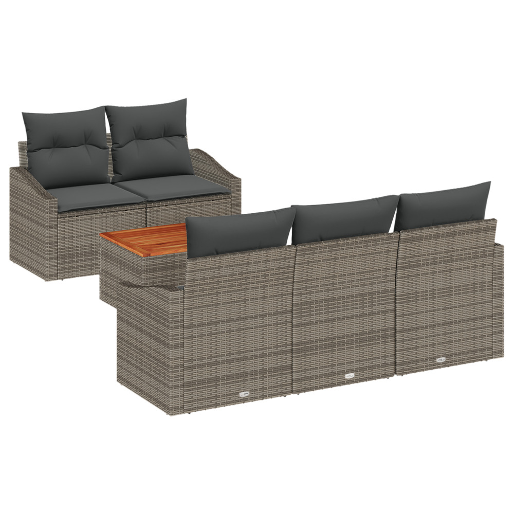 Ensemble de canapé de jardin 6 pièces avec coussins gris poly rattan acacia
