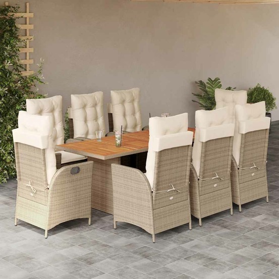 Ensemble à manger de jardin et coussins 9 pcs beige poly rotin
