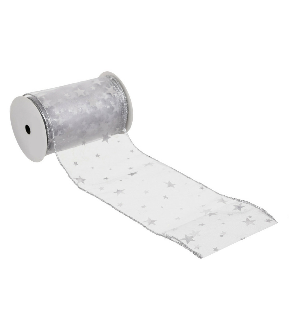 Guirlande de noël ruban organza transparent avec étoiles argentées 12 cm x 5 m