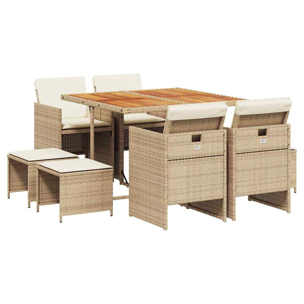 Ensemble à manger de jardin et coussins 9 pcs beige poly rotin
