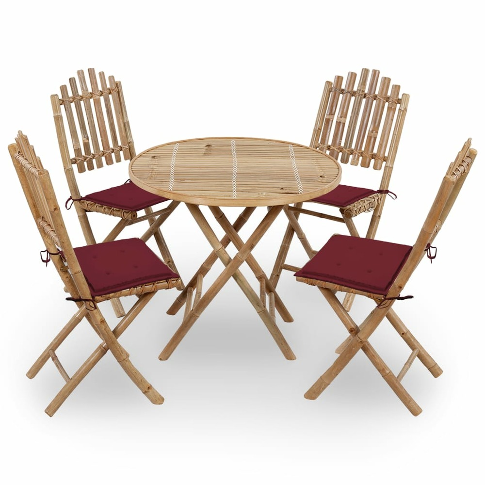 Mobilier à dîner d'extérieur pliable 5 pièces avec coussins bambou
