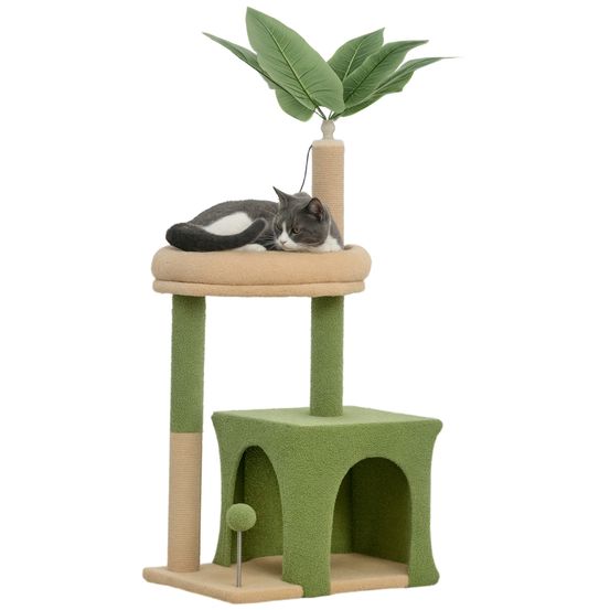 Arbre à chat design nature en bois et jute pour petit chat avec niche griffoirs et jouets 98 cm vert