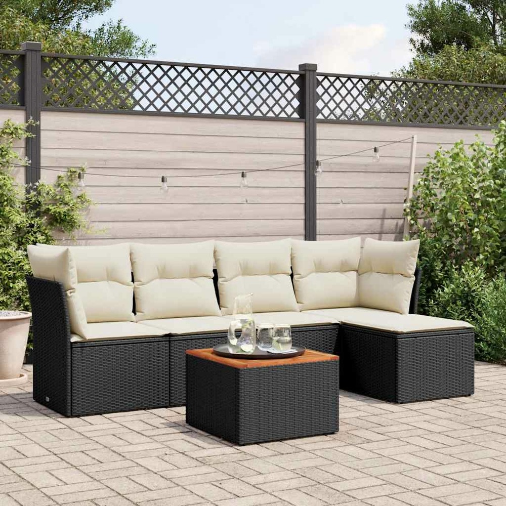 Salon de jardin 6 pcs avec coussins noir résine tressée