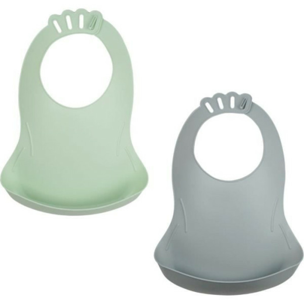 Lot de 2 bavoirs - thermobaby - bibou - vert céladon et gris charme - ajustables et étanches