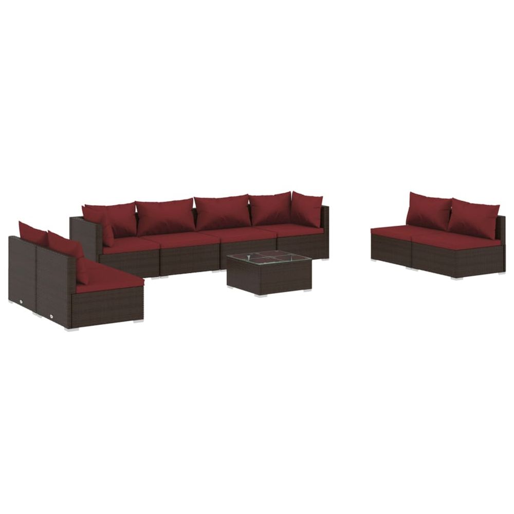 Salon de jardin 9 pcs avec coussins résine tressée marron