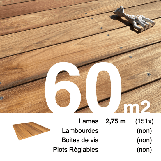 Planches de terrasse bois exotique jatoba pour 60 m², longueur 2,75 m.