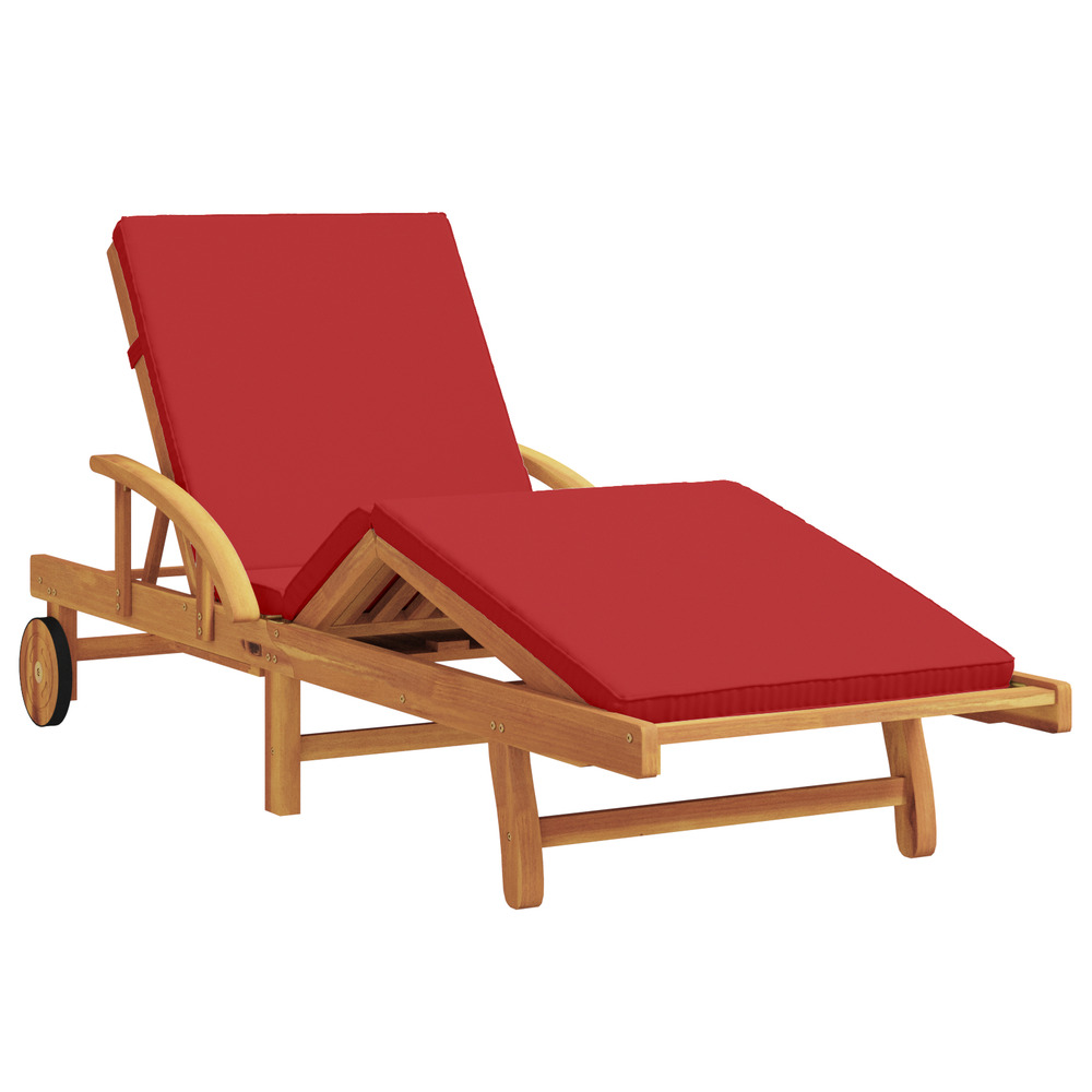 Chaise longue pliante avec roues & coussin rouge bois massif acacia