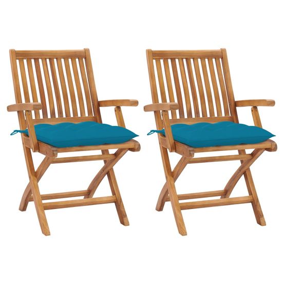 Chaises pliantes (lot de 2) avec coussins bleu clair, en bois de teck massif