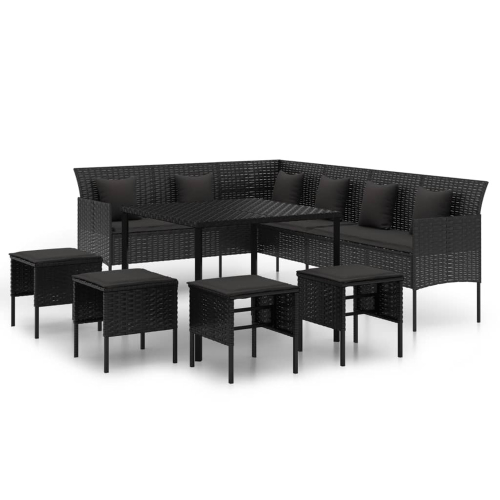 Ensemble à manger de jardin coussins 6pcs noir résine tressée