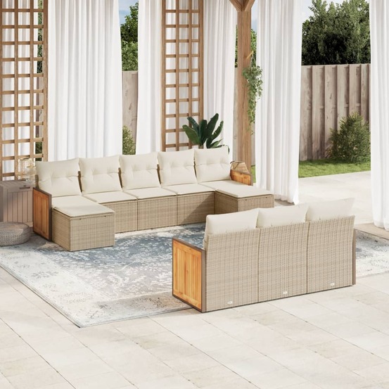 Salon de jardin avec coussins 10 pcs beige résine tressée