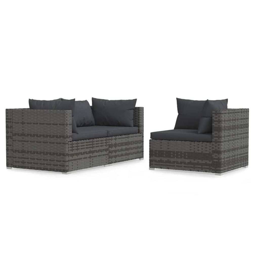 Salon de jardin 3 pcs avec coussins gris résine tressée