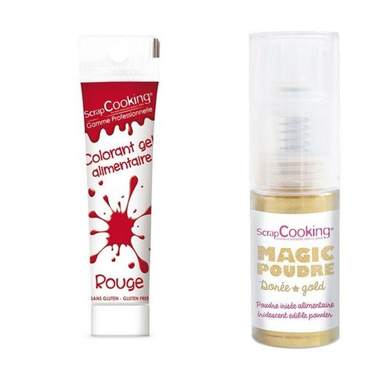 Gel colorant alimentaire rouge 20 g + poudre alimentaire irisée dorée