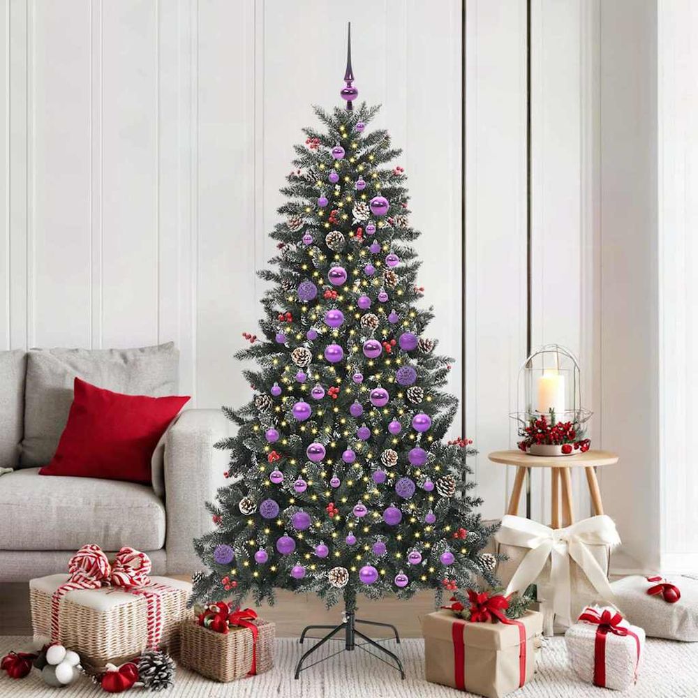Sapin de noël touffu 180 cm tout-en-un, pré-décoré avec baies rouges & 300 led usb