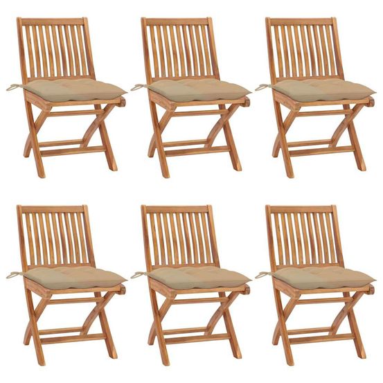 Chaises pliantes avec coussins, 6 pièces, en teck massif