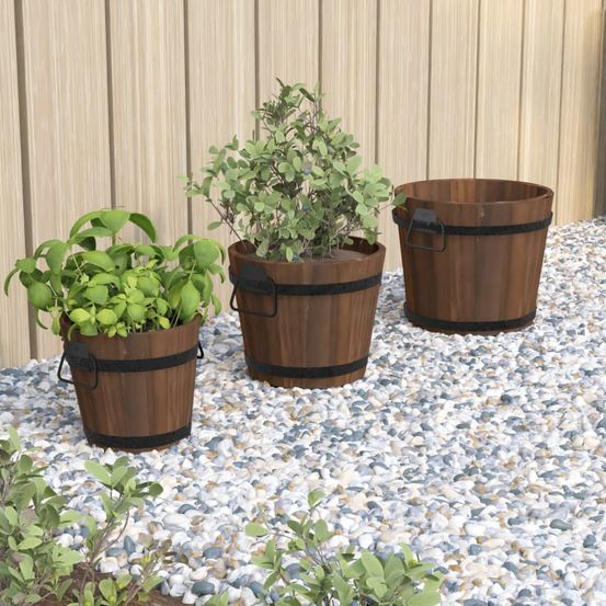 Petit lot de 3 pots seau en bois de sapin pour déco intérieure/extérieure