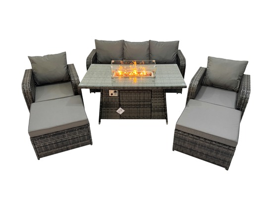 Ensemble de canapés en rotin table de foyer à gaz chauffage au gaz avec 2 grand tabourets gris foncé mixte